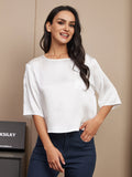 SilkSilky US Pure Silk Half Sleeve Boat Neck Women's T Shirt White 005