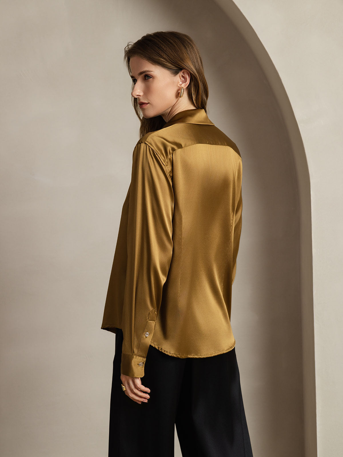 [Bronze] SilkSilky  Silk Long Sleeve Lapel Collar Women's Shirt 002