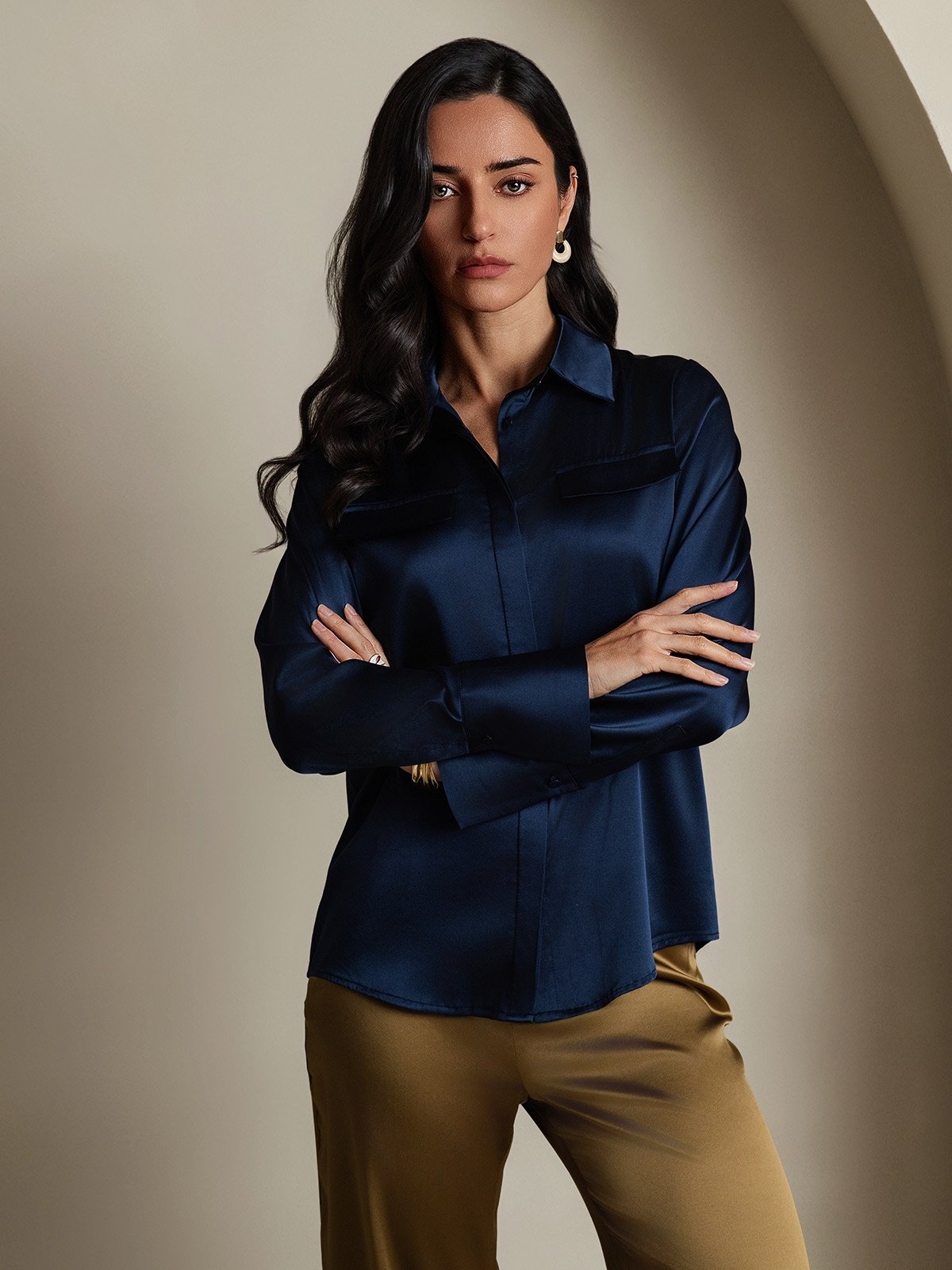 SilkSilky 19Momme Silk Long Sleeve Collar Women's Shirt DarkBlue 005