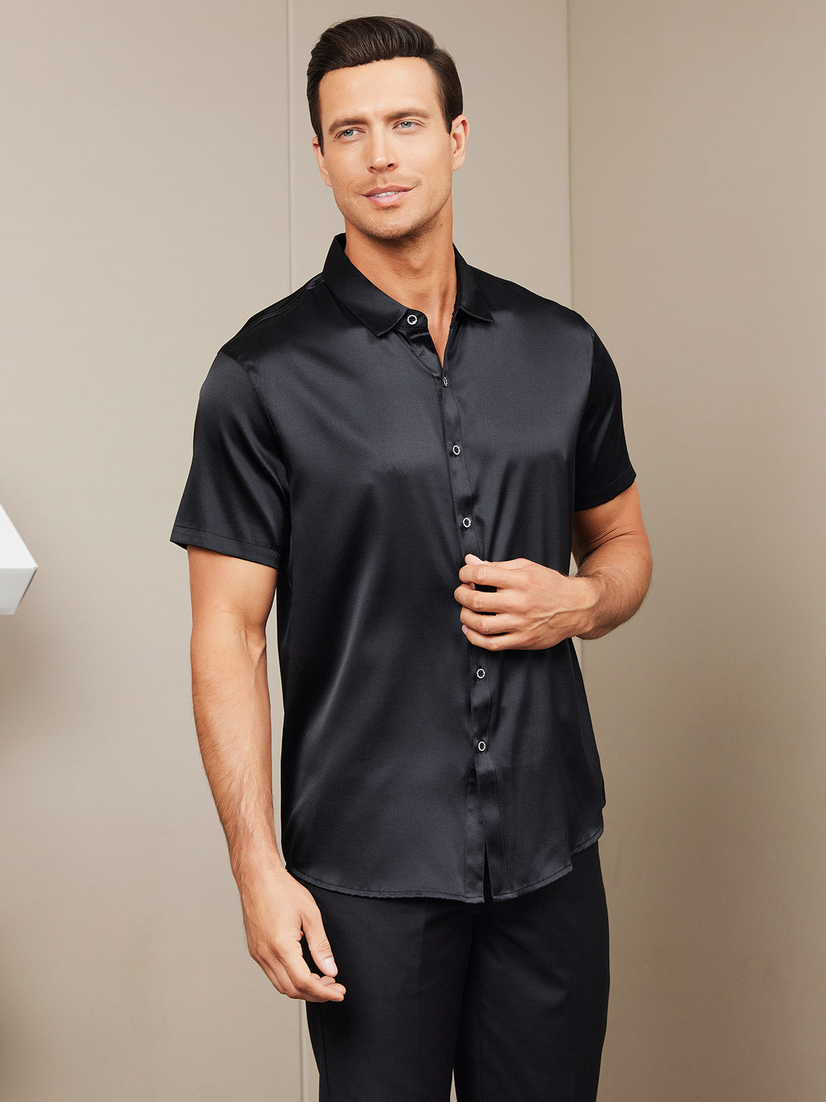 SilkSilky US Silk Blend Short Sleeve Collar Men's Shirt Black 004