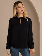 [Black] SilkSilky Long Sleeve Keyhole Neck Women's Blouse 003