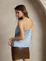 [Grayish Blue] SilkSilky  19Momme Stretch Silk Charmeuse Spaghetti Strap Cowl Neck Camisole Top 002
