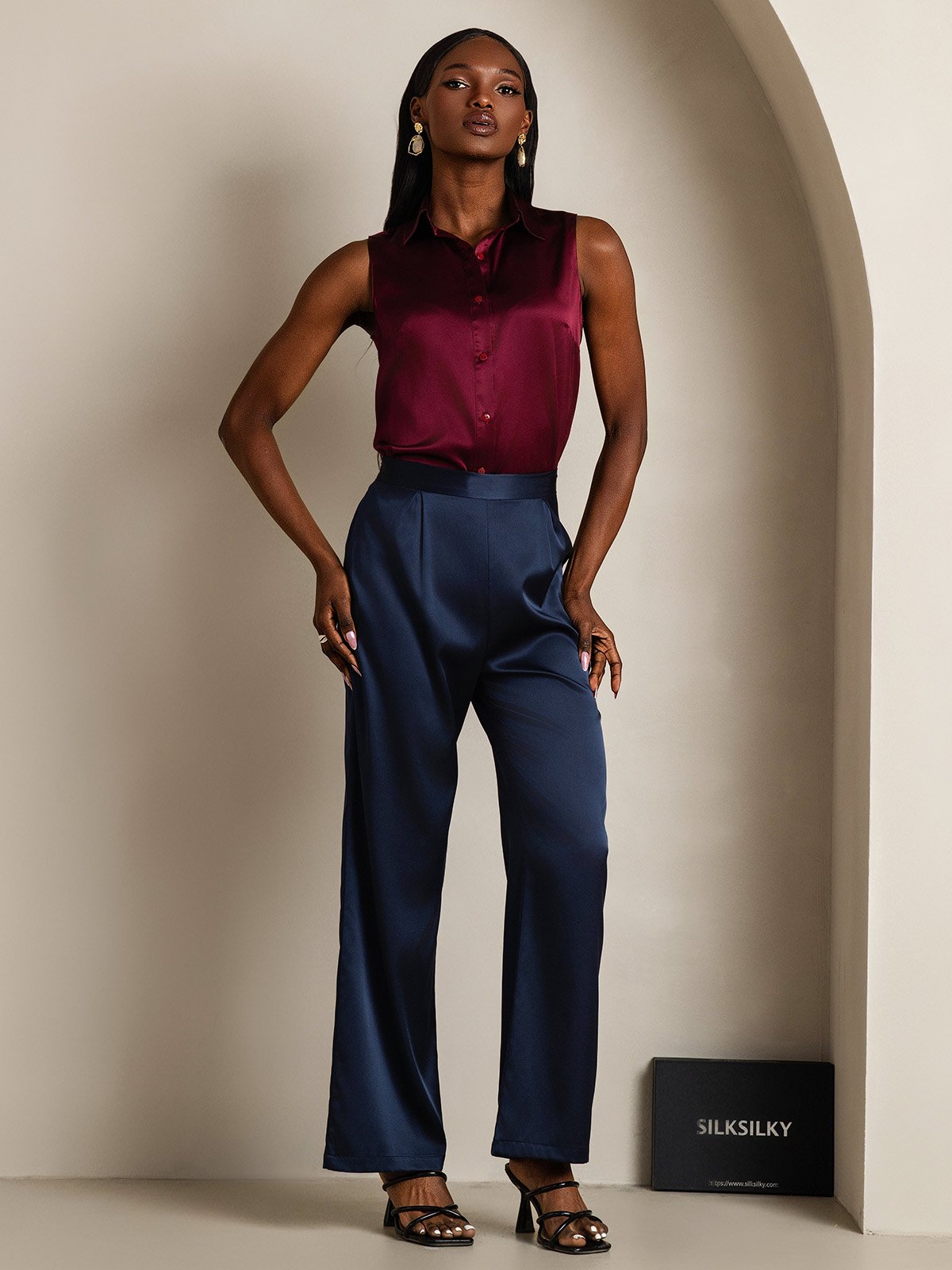 SilkSilky 19Momme Silk Sleeveless Collar Women's Shirt DarkRed 007