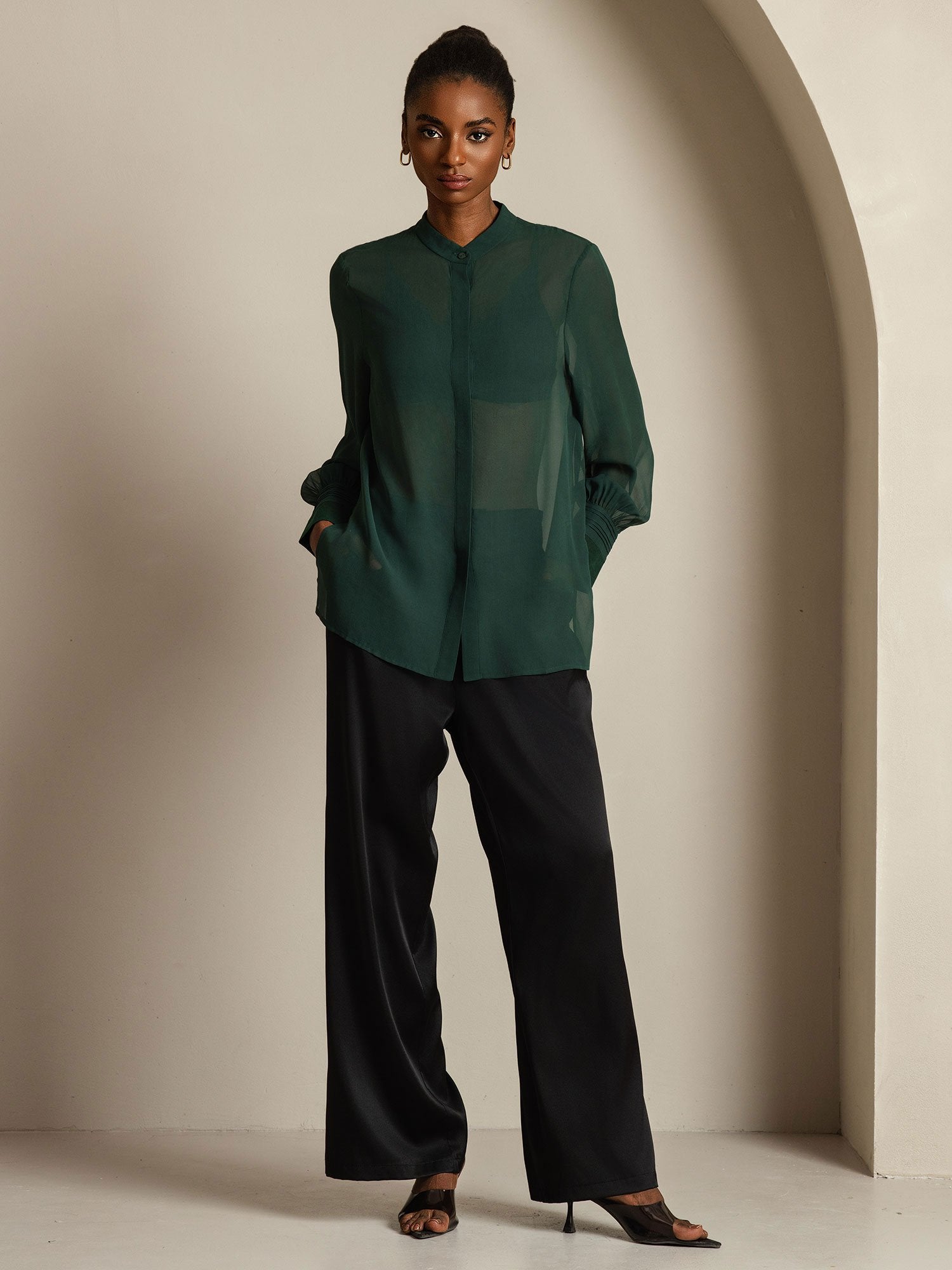 [Dark Green] SilkSilky  Pure Silk Split Women's Shirt 009