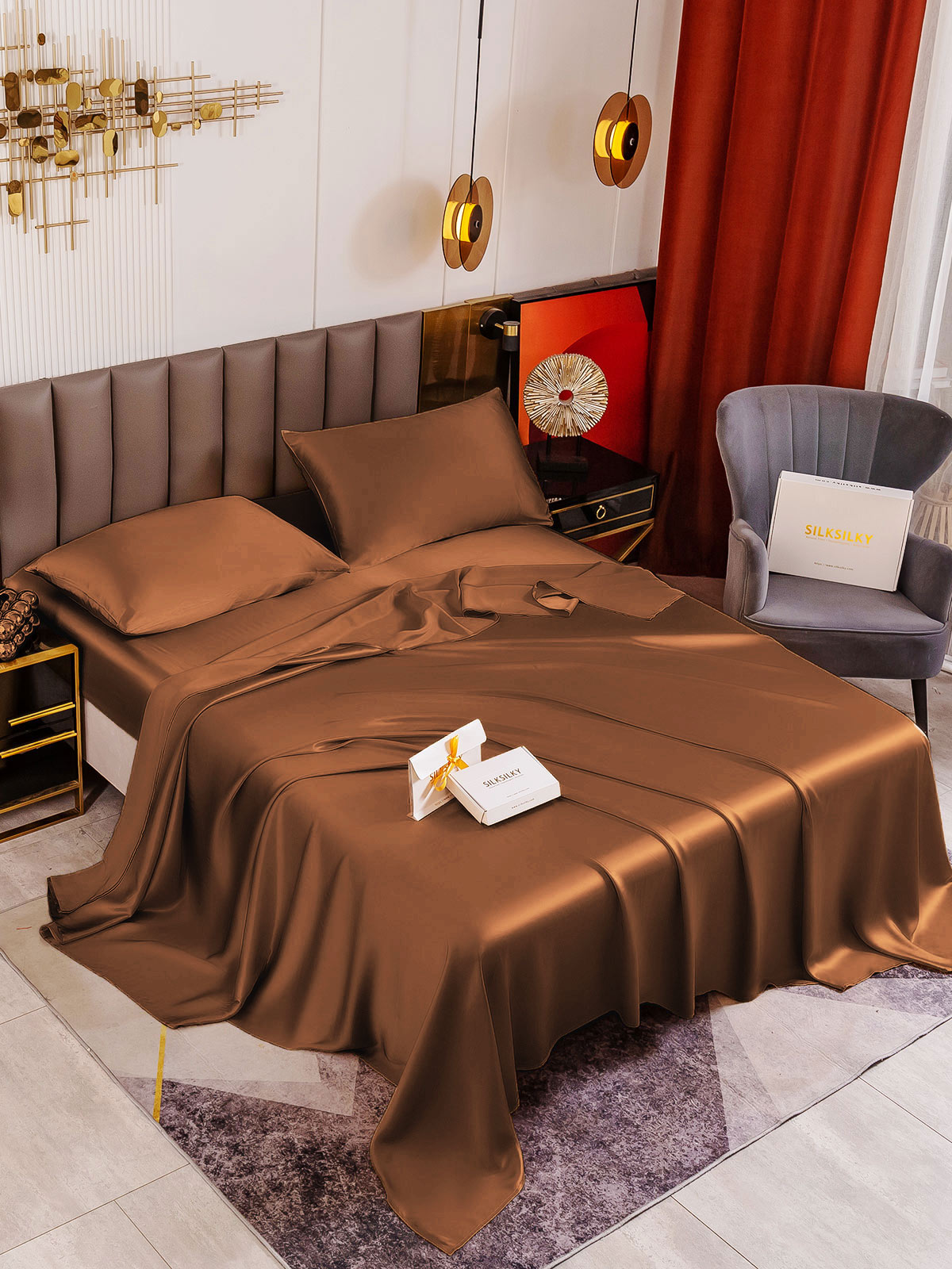 SilkSilky US 19Momme Pure Silk Bedding Set Coffee 001