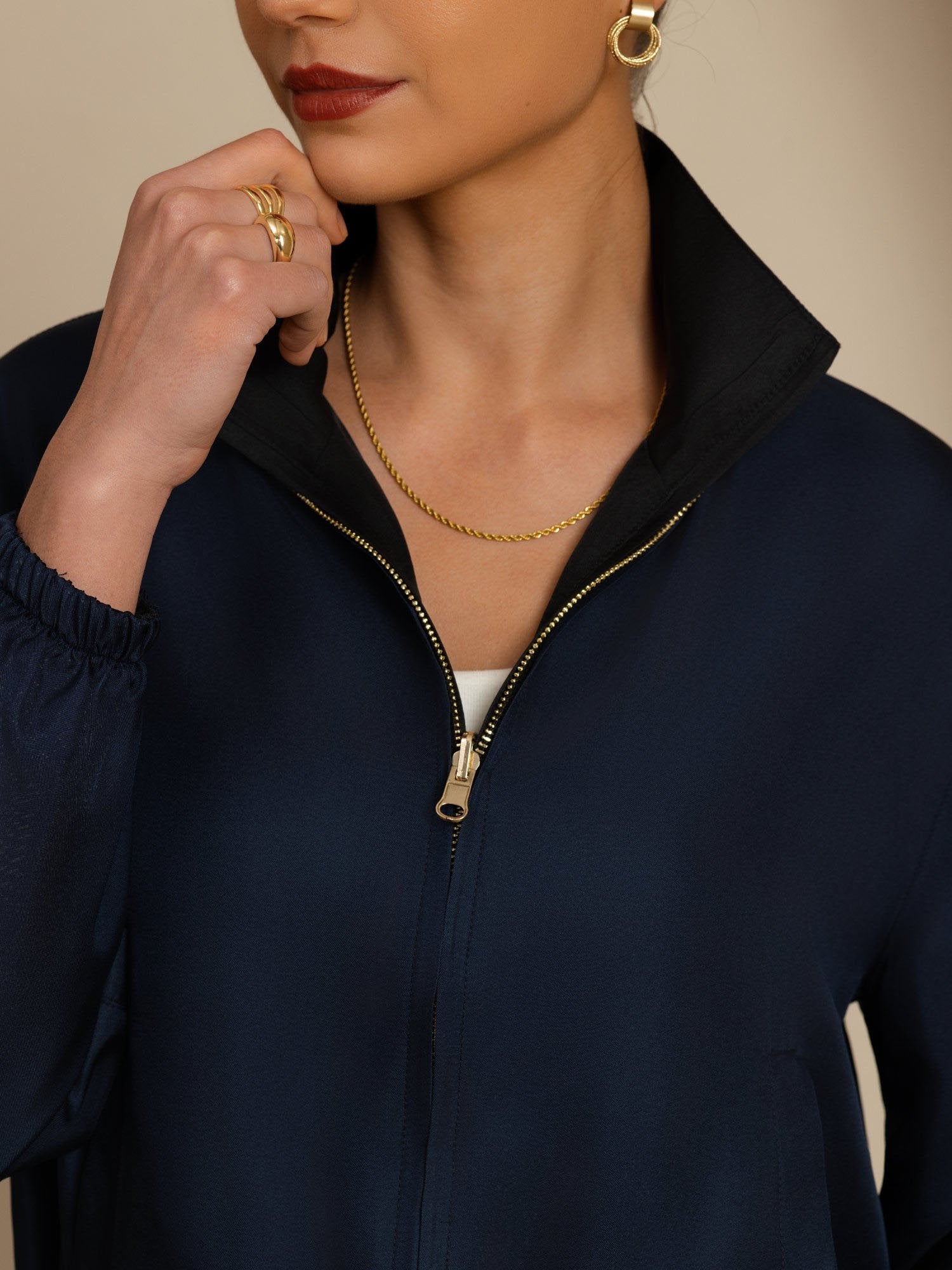 [Black+DarkBlue] SilkSilky  18Momme Silk Satin Surah Long Sleeve Stand Collar Women's Outerwear 006