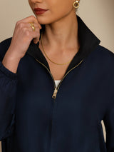 Women’s reversible silk jacket with stand collar, zipper, and pockets
