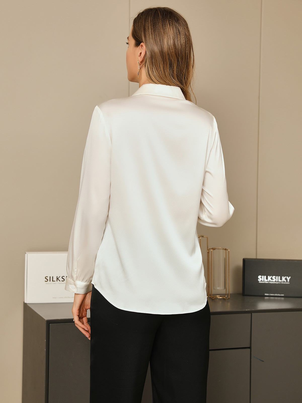 SilkSilky US 19Momme Silk Blend Long Sleeve Collar Women's Shirt White 002