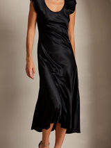 [Black] SilkSilky  19Momme Stretch Silk Charmeuse Cap Sleeve Scoop Neck Dress 003
