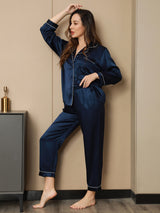 [Dark Blue] SilkSilky  Long Sleeve Notch Collar Women's Pajamas 006