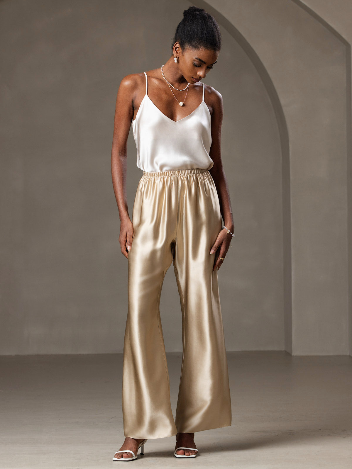[Beige] SilkSilky  Pure Silk V Neck Camisole Top 005