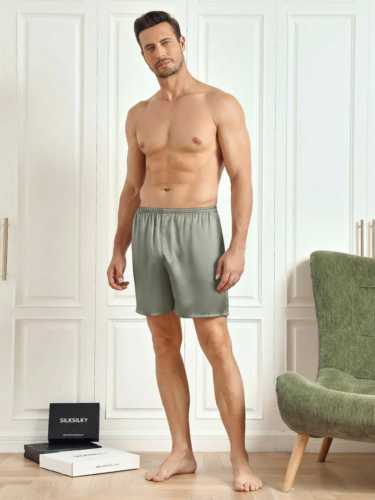 [Grayish Green] SilkSilky  19Momme Pure Silk Mens Sleep Bottoms 004