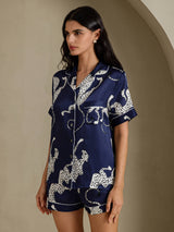 [Navy Cheetah] SilkSilky  Short Sleeve Notch Collar Women's Pajamas 003