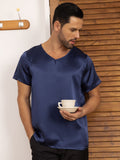 SilkSilky US Pure Silk Short Sleeve V Neck Men's T Shirt DarkBlue 006