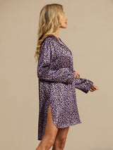 [Purple Leopard] SilkSilky  Long Sleeve Notch Collar Nightshirt 004