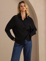 [Black] SilkSilky Long Sleeve Lapel Collar Women's Shirt 003