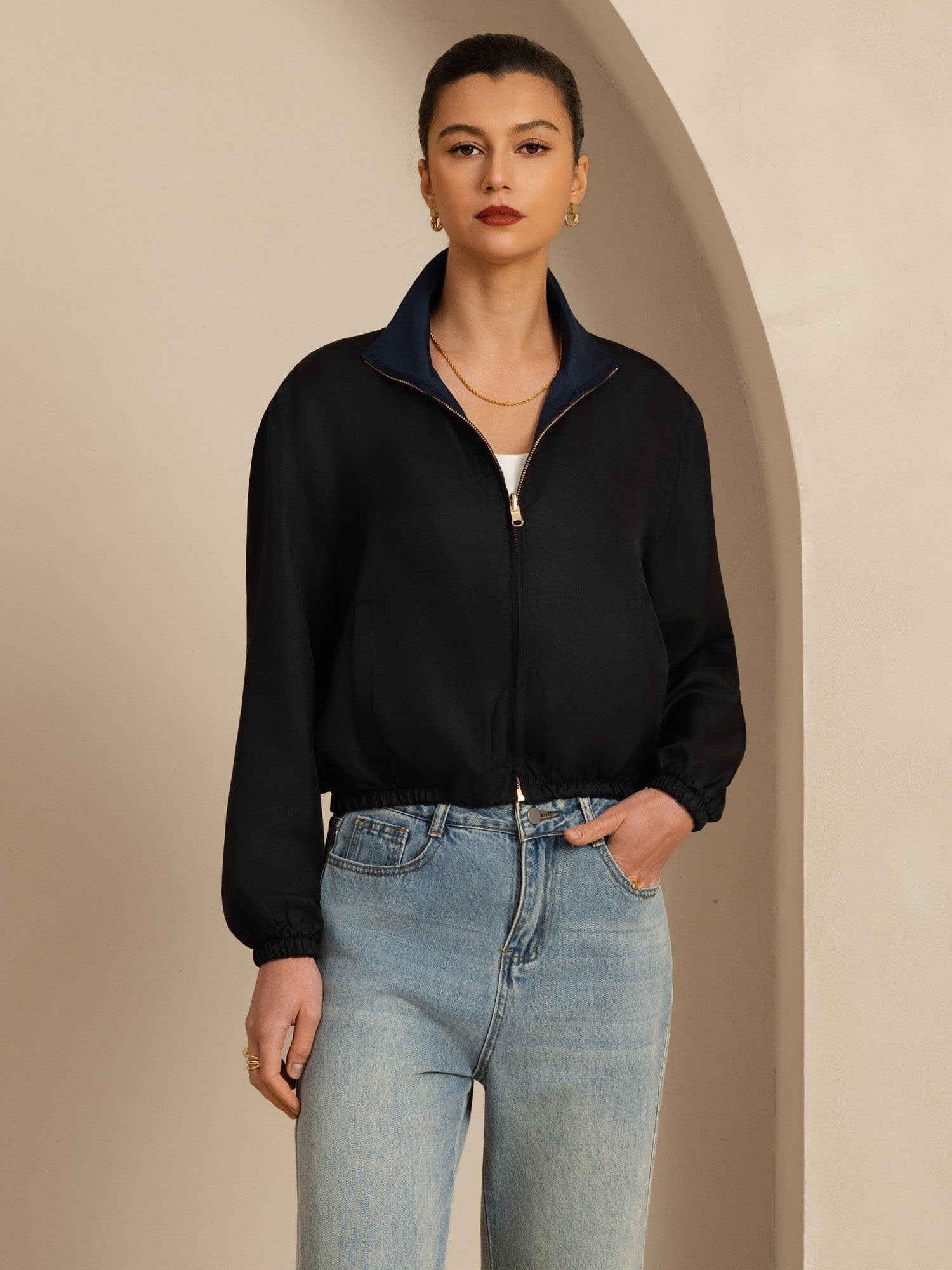 [Black+DarkBlue] SilkSilky  18Momme Silk Satin Surah Long Sleeve Stand Collar Women's Outerwear 005