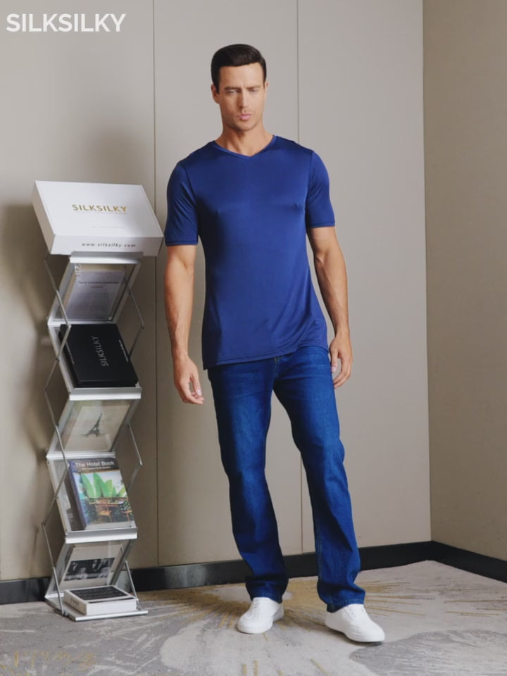 SilkSilky  Silk Knitted Short Sleeve V Neck Men's T-Shirt video 001