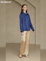 SilkSilky  19Momme Stretch Silk Charmeuse Long Sleeve Lapel Collar Women's Shirt video 001