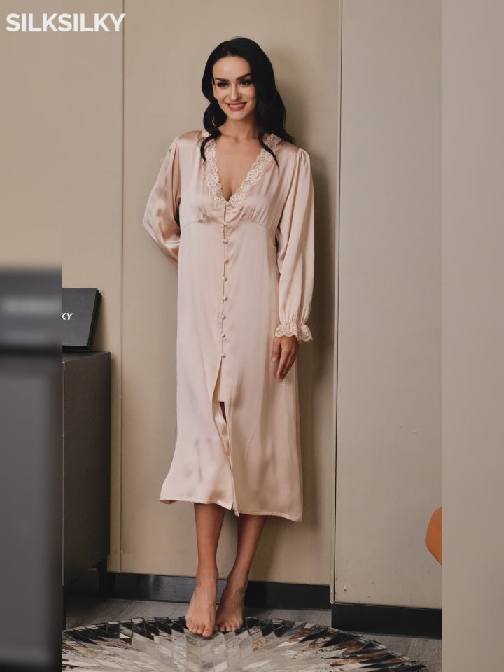 SilkSilky-US-Pure-Silk-Long-Sleeve-V-Neck-Nightgown-video-001