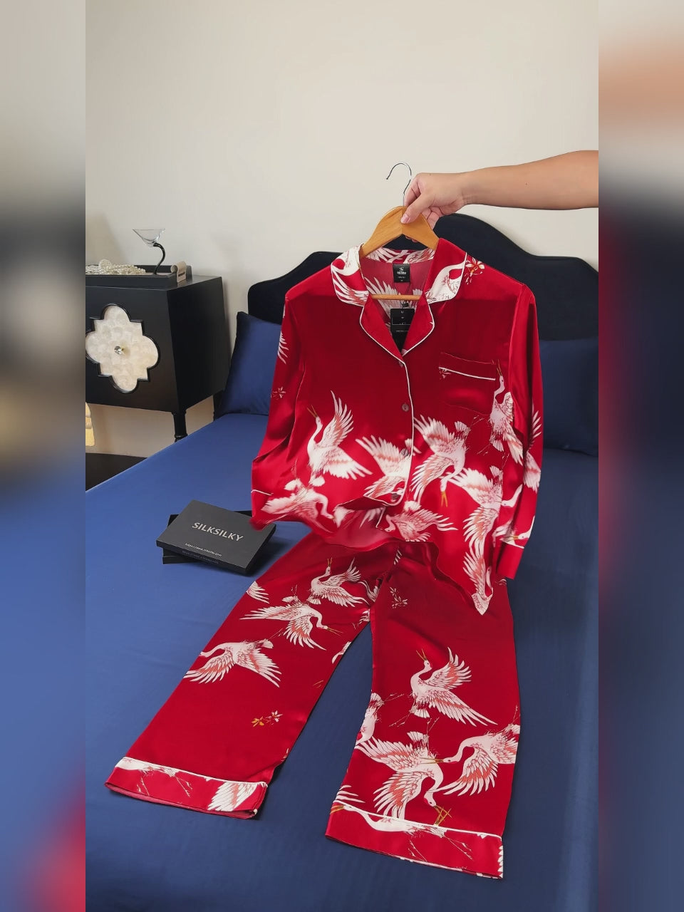 19Momme Women's 100% Mulberry Silk Crane Print Full Length Pajama Set