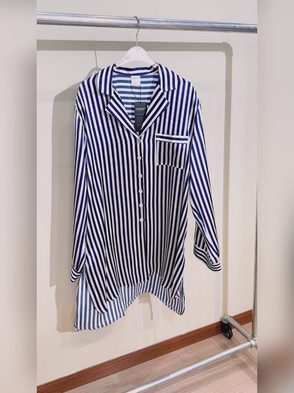 Pure Silk Stripe Print Nightshirt with High-Low Hem