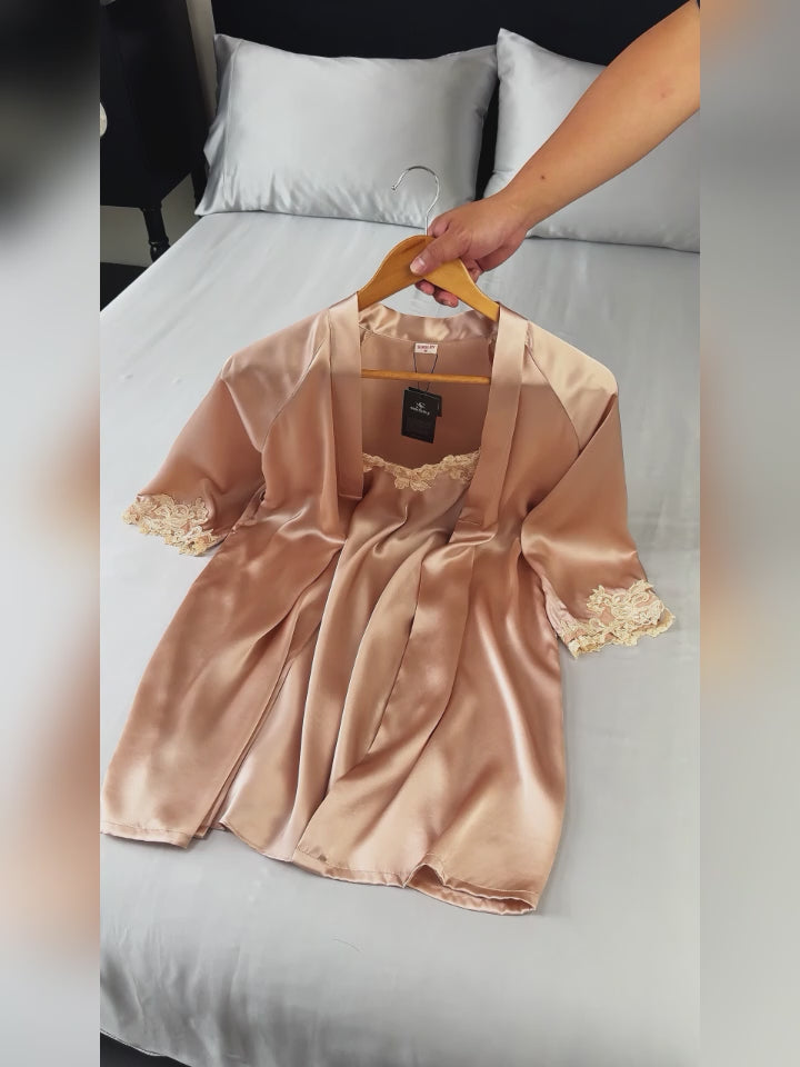 Elegant 100% Mulberry Silk Lace Trim Nightgown & Robe Set 2Pcs