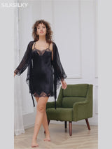 SilkSilky Pure Silk 3/4 Sleeve Nightgown&Robe Set-video-001