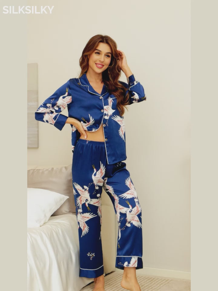 SilkSilky  19Momme Pure Silk Long Sleeve Lapel Women's Pajamas video 001