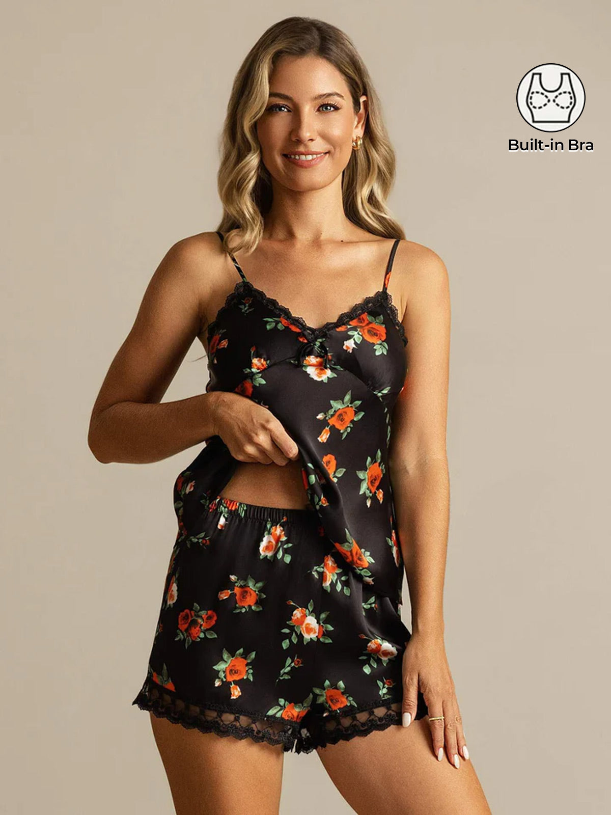Pure Silk Flower Print Spaghetti Strap V Neck Above the Knee Camisole Set with Lace Design