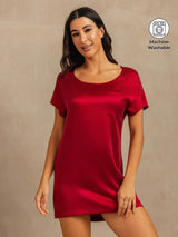 [Wine] SilkSilky  19Momme Machine-Washable Silk Short Sleeve Round Neck Nightgown 001