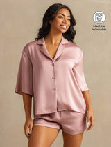 [Peach Skin] SilkSilky  19Momme Machine-Washable Silk Half Sleeve Notch Collar Women's Pajamas 001