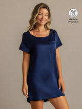 [Dark Blue] SilkSilky  19Momme Machine-Washable Silk Short Sleeve Round Neck Nightgown 001