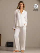 [White] SilkSilky  19Momme Machine-Washable Silk Long Sleeve Notch Collar Women's Pajamas 001