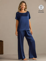 [Dark Blue] SilkSilky  19Momme Machine-Washable Silk Short Sleeve Women's Pajamas 001