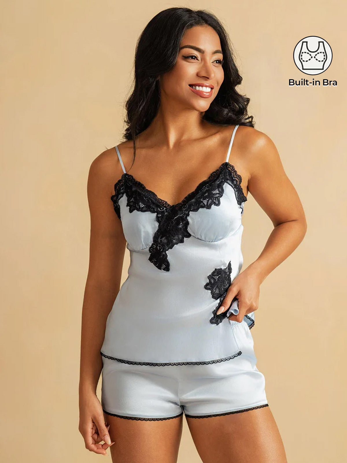 Pure Silk Spaghetti Strap V Neck Above the Knee Camisole Set with Lace Split Design