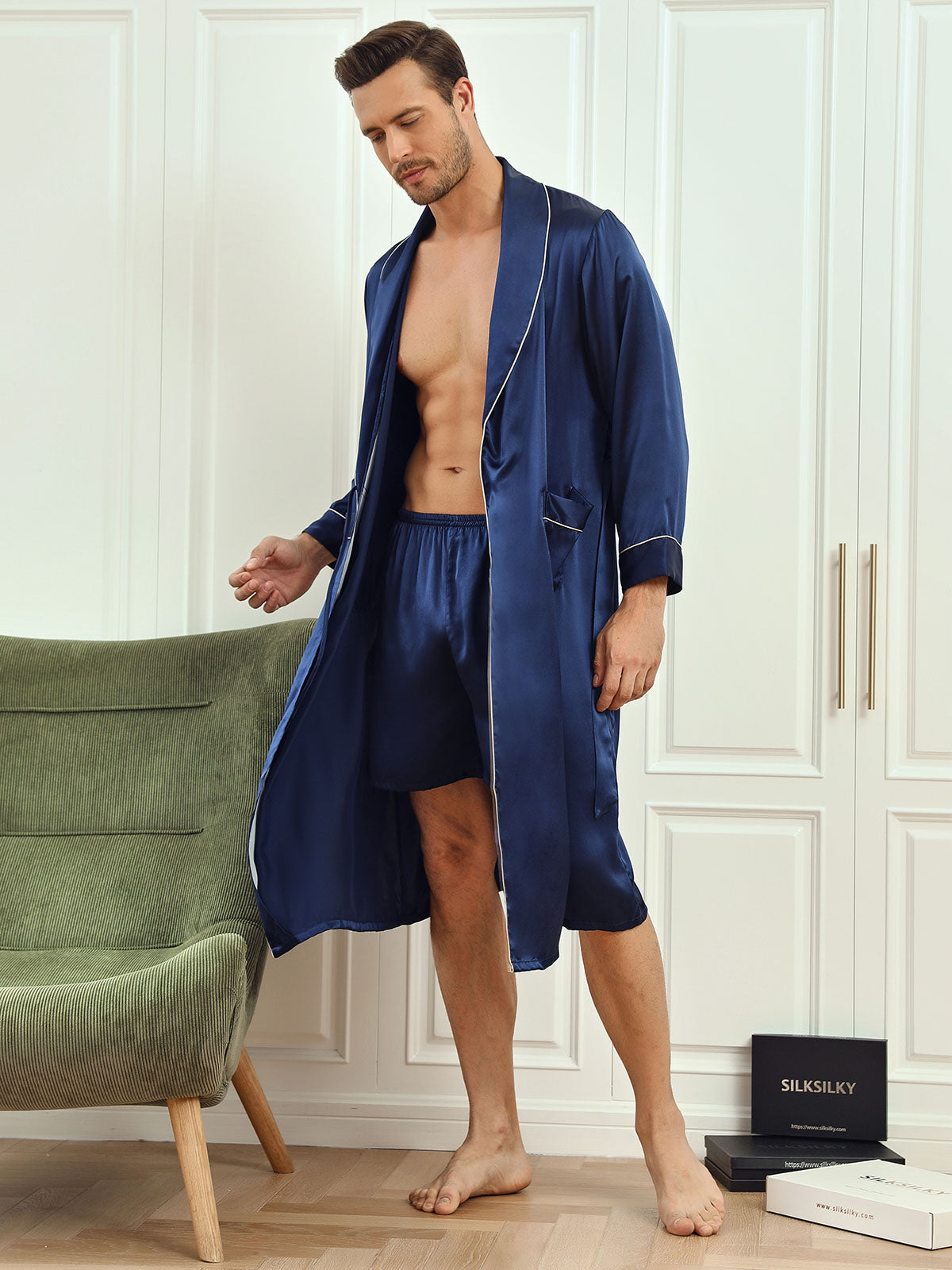 Silksilky Contrast Piping Long Silk Robes for Men Robe & Pants Set