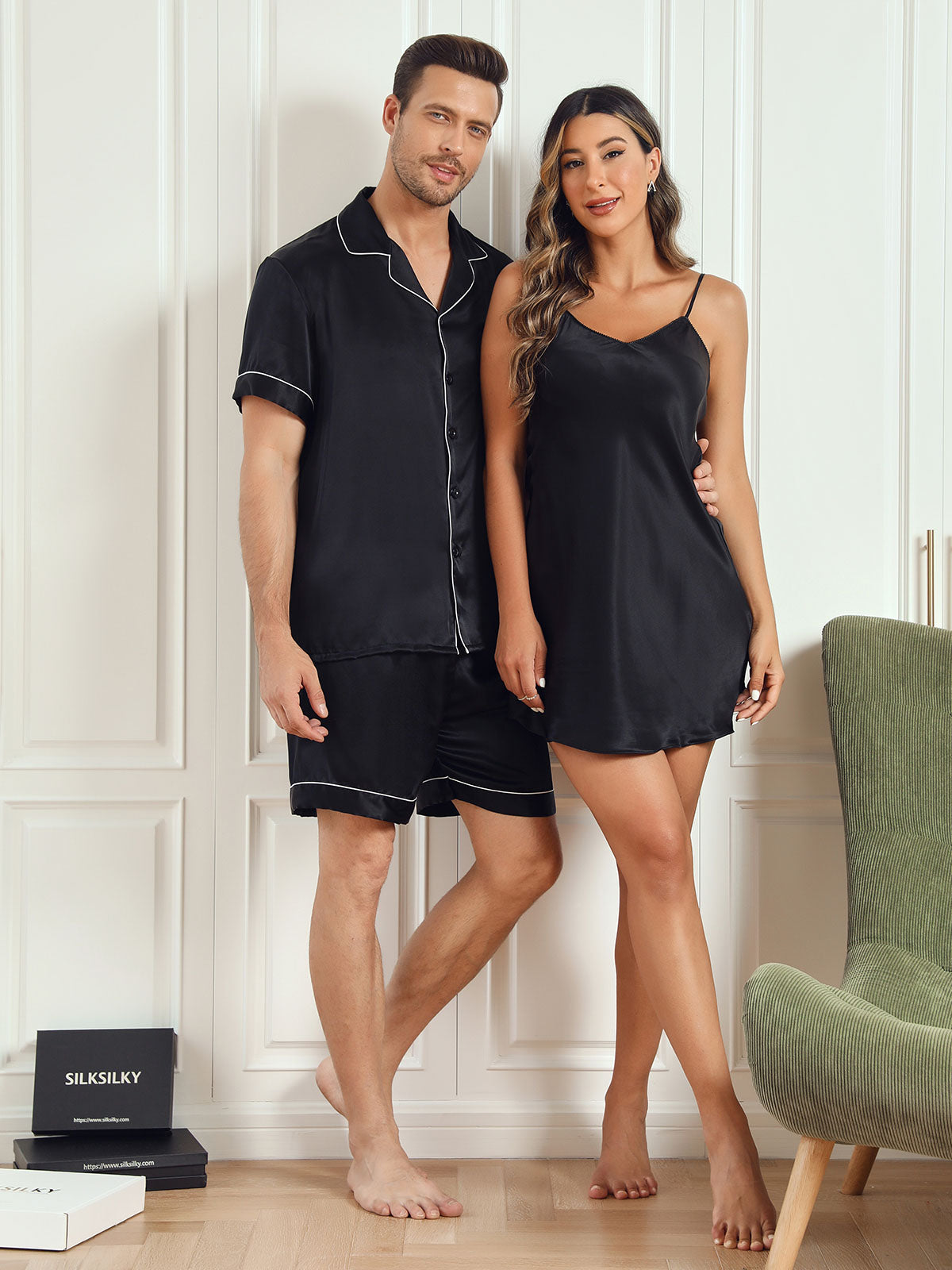 SilkSilky US Pure Silk Short Sleeve Couple Black 003