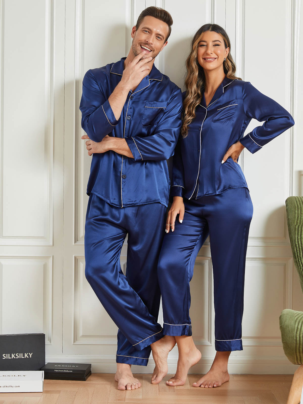 SilkSilky US Pure Silk Long Sleeve Couple DarkBlue 001