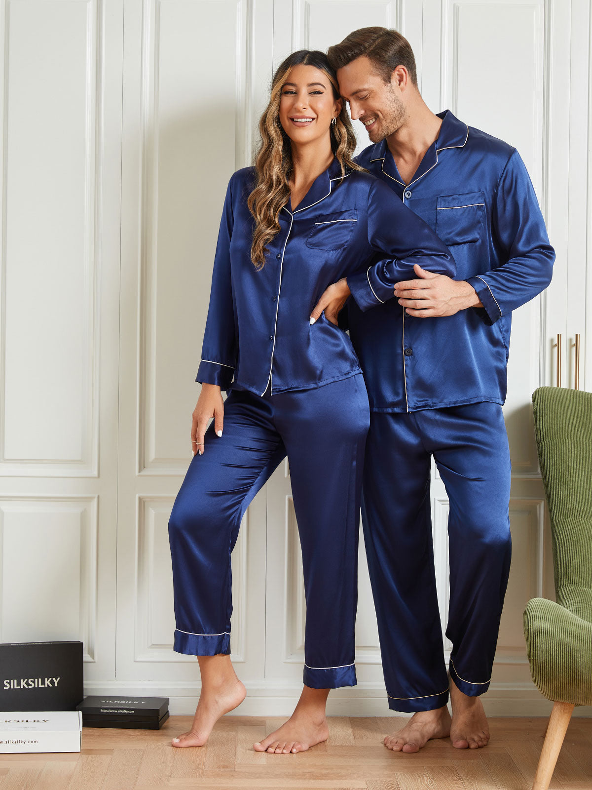 SilkSilky US Pure Silk Long Sleeve Couple DarkBlue 004