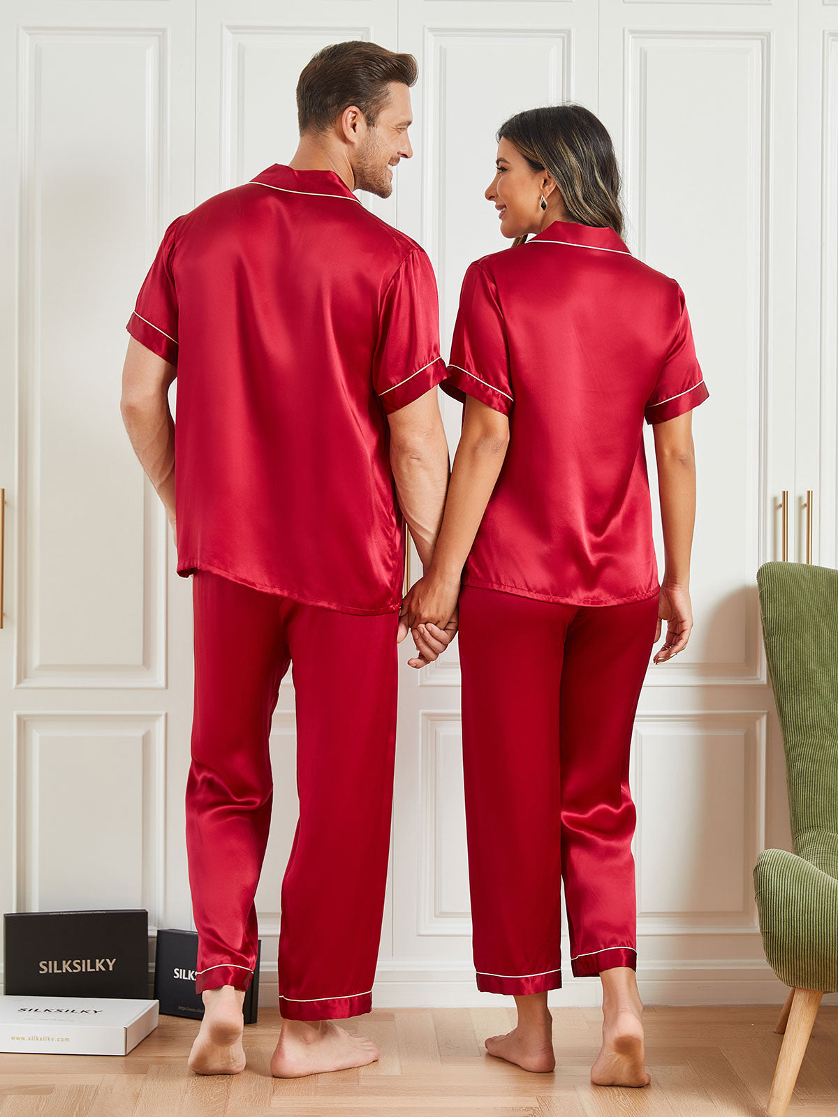 SilkSilky US Pure Silk Short Sleeve Couple Wine 001