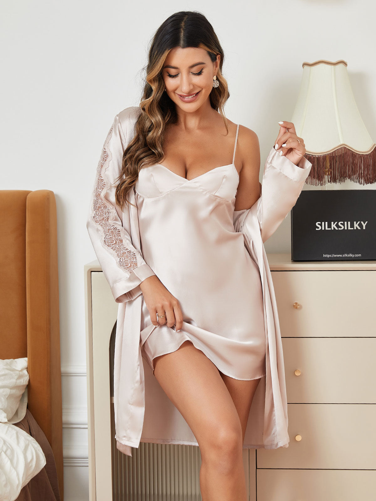 Lace Trim Satin Slip Dress & Robe Pajama Set