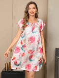 SilkSilky US Pure Silk Cap Sleeve Tie Neck Nightgown RoseRed 001