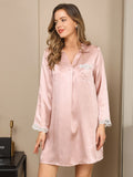 SilkSilky US Pure Silk Long Sleeve V Neck Nightgown Pink 004