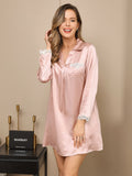 SilkSilky US Pure Silk Long Sleeve V Neck Nightgown Pink 001