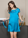 SilkSilky US Pure Silk Cap Sleeve Boat Neck Nightgown Teal 002