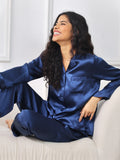 SilkSilky US Pure Silk Long Sleeve Lapel Women's Pajamas DarkBlue 002