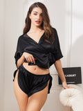 SilkSilky US Pure Silk Half Sleeve Womens Pajamas Black 004