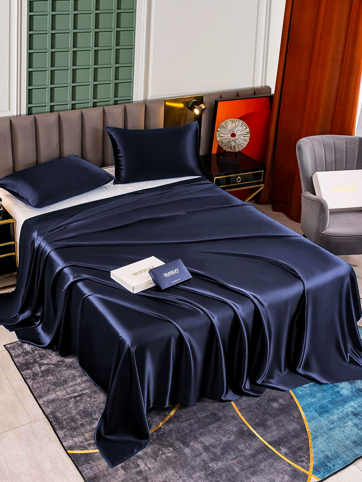 SilkSilky US 25Momme Pure Silk Bedding Set DarkBlue 002