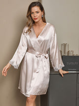 [Beige] SilkSilky  3/4 Sleeve V Neck Nightgown&Robe Set 004